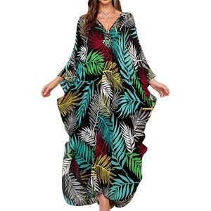 Women's Colourful Leaves V-Neck Batwing Sleeves Summer Cover Up Kaftan Dress